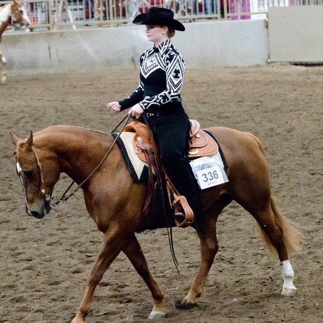 A horse being ridden by a woman in western tack and turnout. 